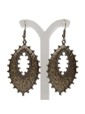 Edgy Antique Brass Hammered Spiky Open Marquise Dangle Earrings